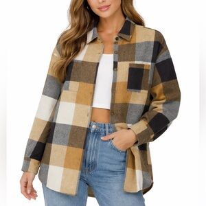 Plaid Flannel Long Sleeve Brown & Tan Shacket Jacket Shirt Ladies Medium